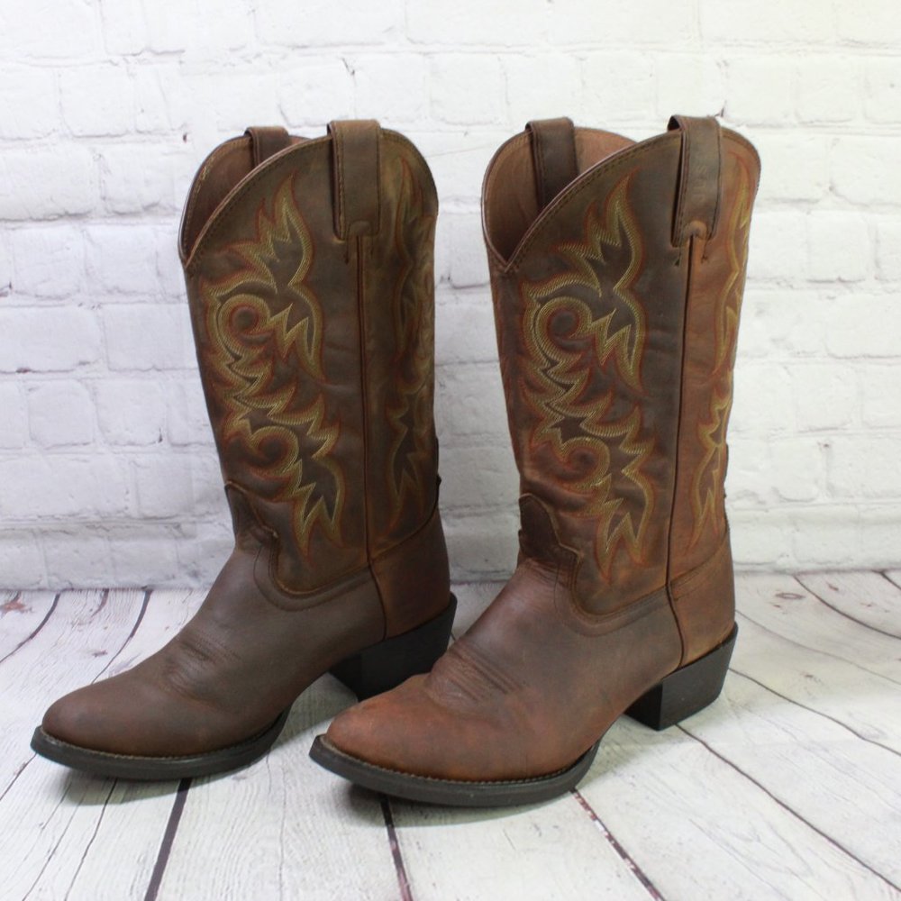 Justin Brown Leather Pointed Toe Slip on Western Cowboy Boots Size 9 D - Picture 2 of 9